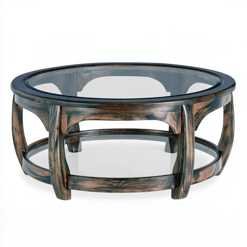 Mesa de centro con tablero transparente y base de arcos - gris/marrón