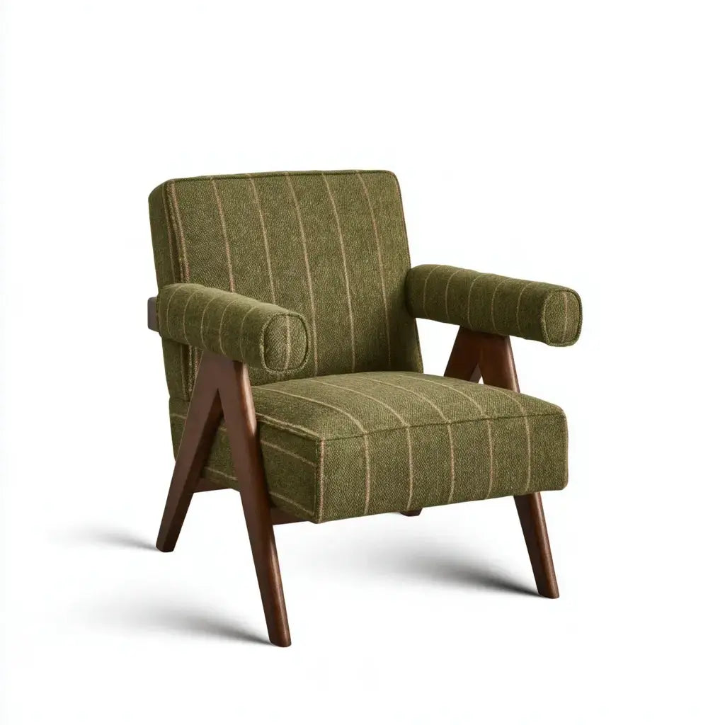 Sillón con tapizado de cuadros y brazos abiertos - verde/marrón