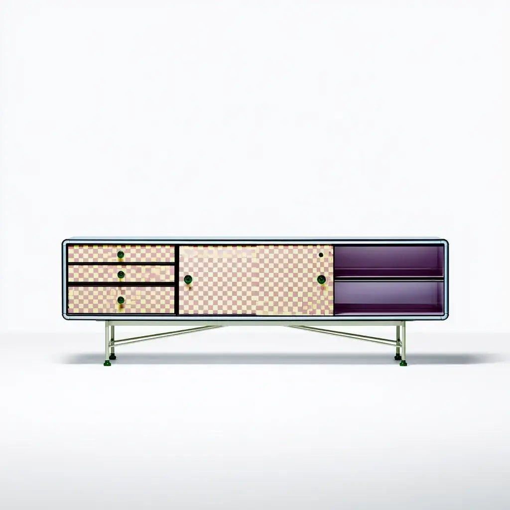 Aparador con frentes geométricos y nichos laterales - beige/morado