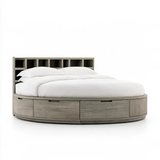 Cama con base redonda y cabecero de nichos - beige