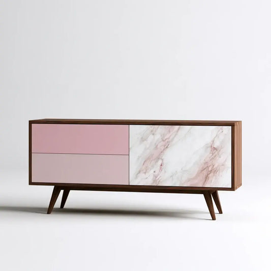 Aparador con puertas lisas y panel veteado - rosa/blanco/marrón